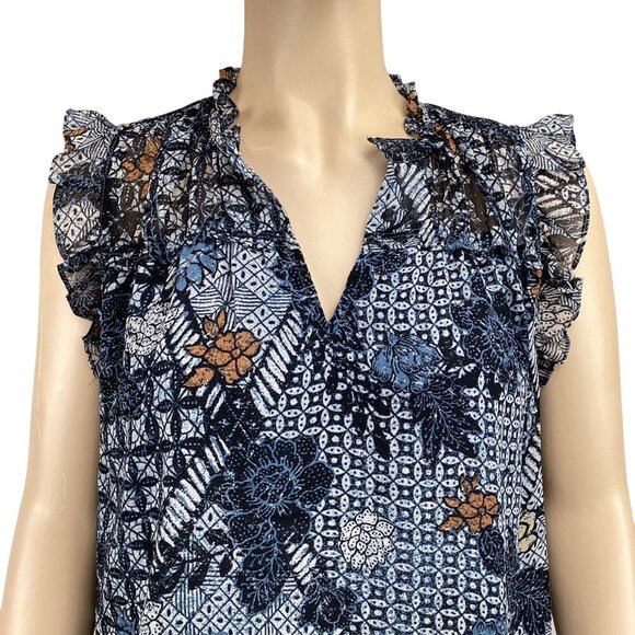 Maison D’Amelie Floral Sleeveless Top Blue & Orange Size Medium Ruffle V-neck - Picture 6 of 7